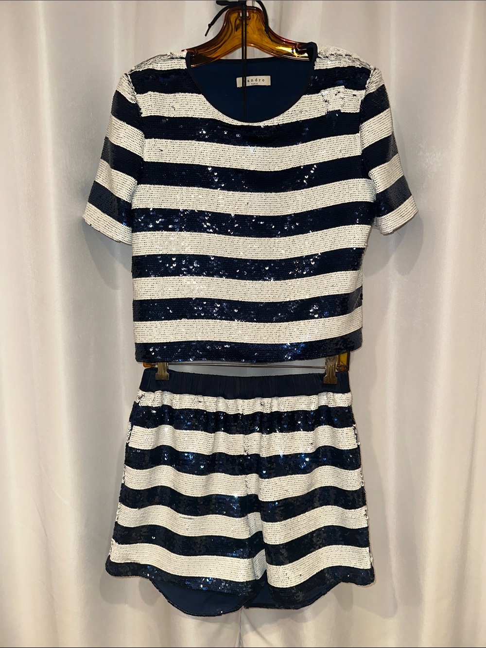 Sandro Navy and White Sequin Striped Top & Shorts Set! Sharp looking outfit.